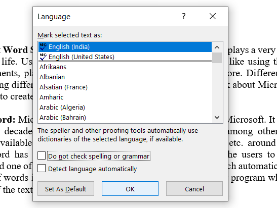 Uncheck Do not check spelling or grammar and Detect language automatically