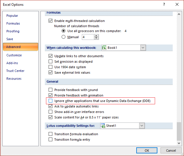 Uncheck Ignore other applications that use Dynamic Data Exchange (DDE)