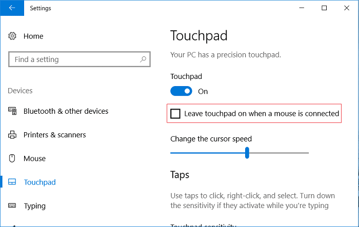 Uncheck Leave touch pad on when a mouse is connected