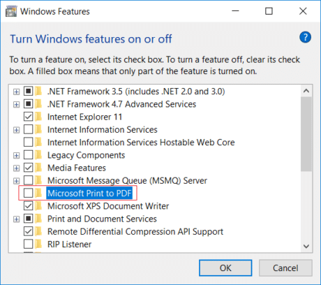 Uncheck Microsoft Print to PDF in Windows Feature
