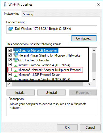 Снимите флажок «Протокол мультиплексора сетевого адаптера Microsoft», чтобы отключить общий доступ к Wi-Fi.