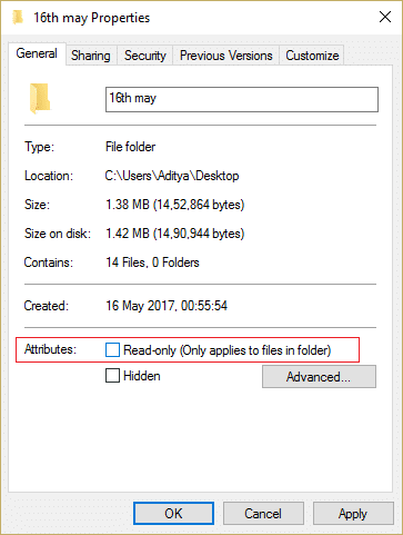 Uncheck Read-only (Only applied to files in folder) under Attributes