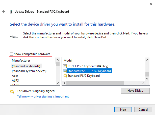 Uncheck Show compatible hardware