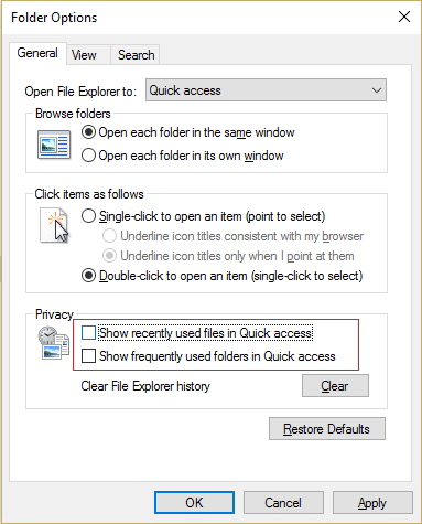 Uncheck Show recently used files in Quick access in Folder Options
