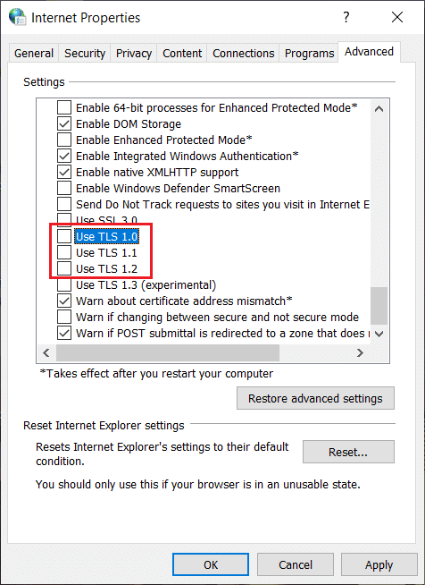 Uncheck Use TLS 1.0, Use TLS 1.1, and Use TLS 1.2 features