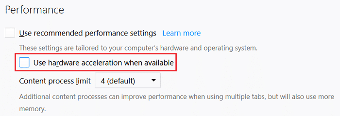 Uncheck Use hardware acceleration when available under Performance