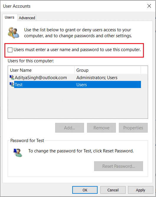 Uncheck Users must enter a user name and password to use this computer