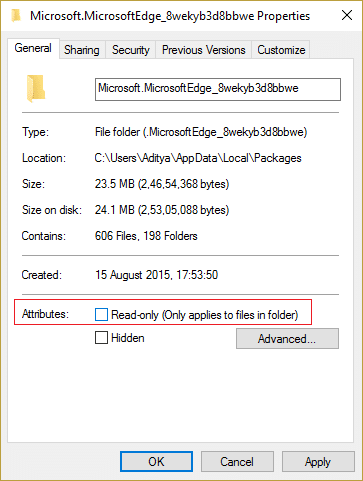 Uncheck read only option in Microsoft Edge folder properties