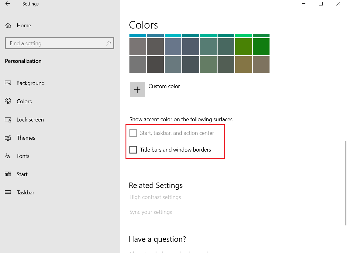 Uncheck the both options Start, Taskbar, and Action Center and Title bars and windows borders in the Colors menu personalisation setting