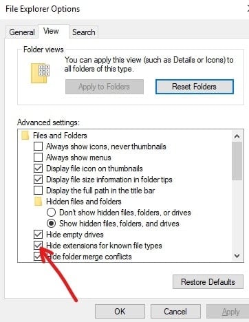 Снимите флажок «Скрывать расширения для известных типов файлов».