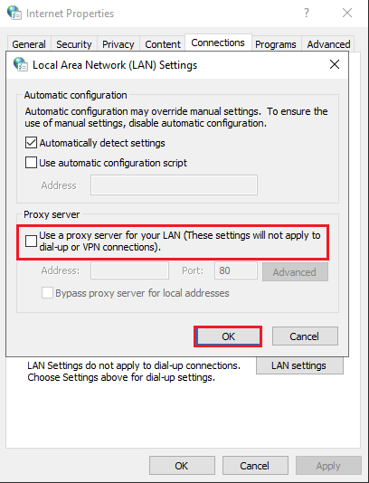 Uncheck the box that says Use a proxy server for your Lan and click on OK