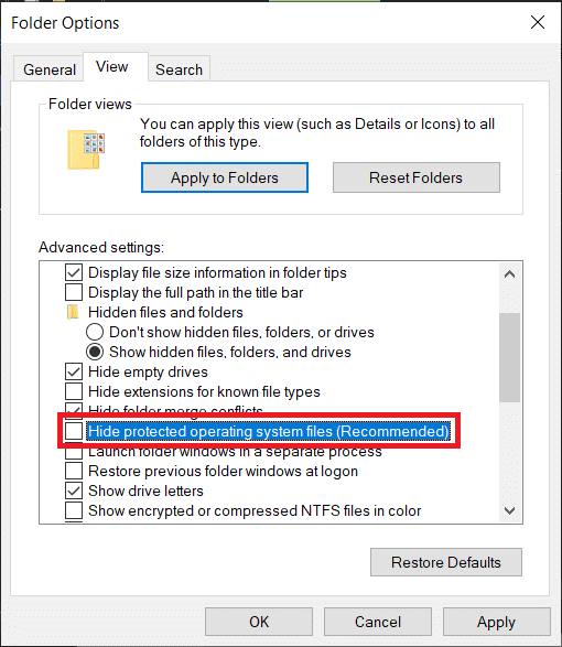 Uncheck/untick the box next to ‘Hide protected operating system files (Recommended)’