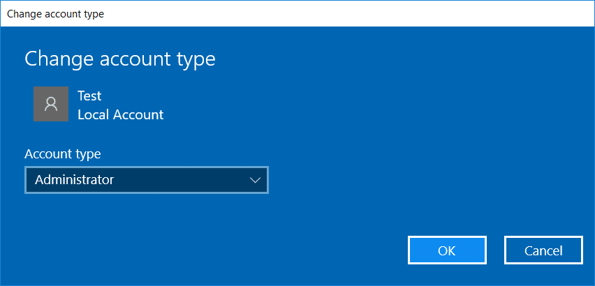 Under Account type, select Administrator then click OK | Create a Local User Account on Windows 10