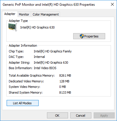 Under Adapter tab click on List All Modes button at the bottom | How to Change Monitor Refresh Rate in Windows 10