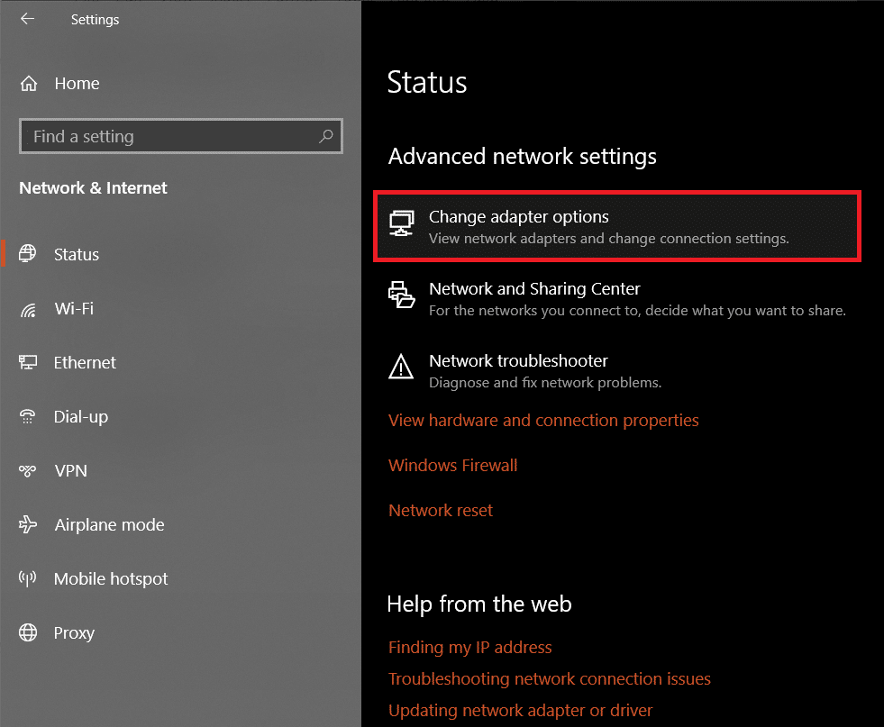 Under Advanced Network Settings on the right-panel, click on Change adapter