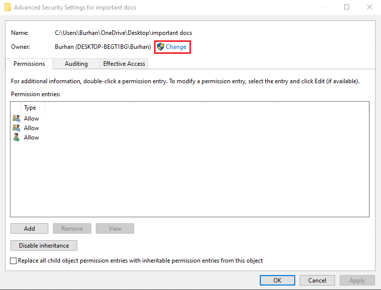 Under Advanced Security Settings, click on Change visible