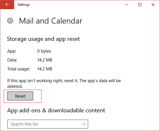 Under Advanced options of Mail and Calendar click on Reset