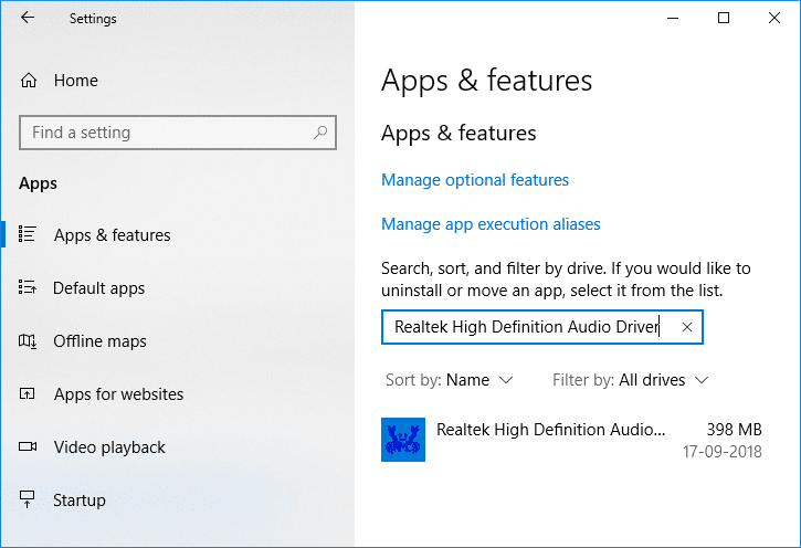 Under Apps & features search box type Realtek High Definition Audio Driver