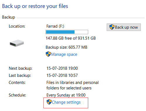 Under Backup and Restore (Windows 7) window click on Change settings under Schedule