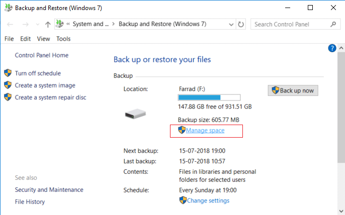 Under Backup and Restore (Windows 7) window click on Manage space under Backup