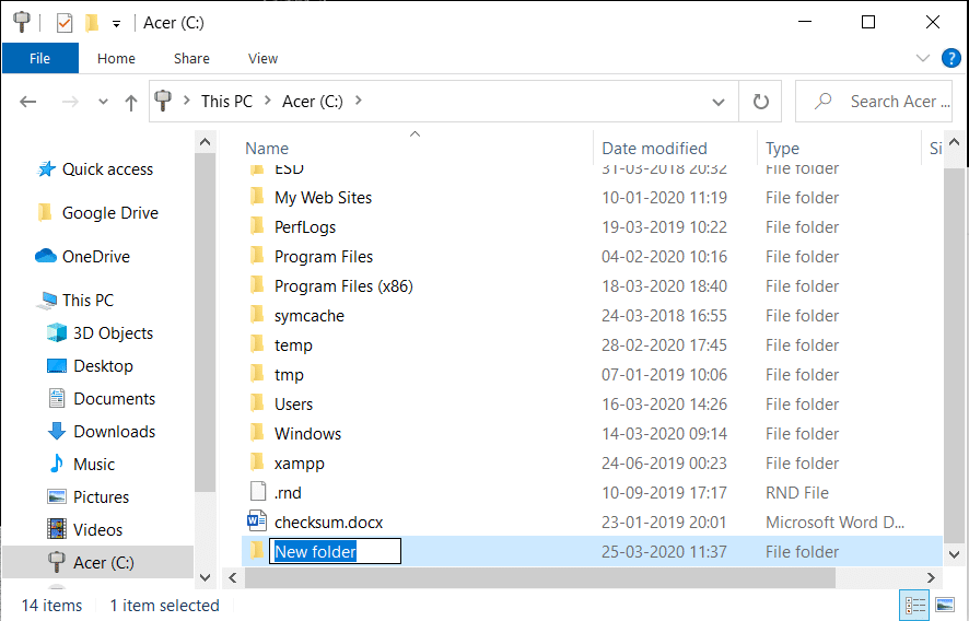 Under C drive, right-click in an empty area and select New then Folder