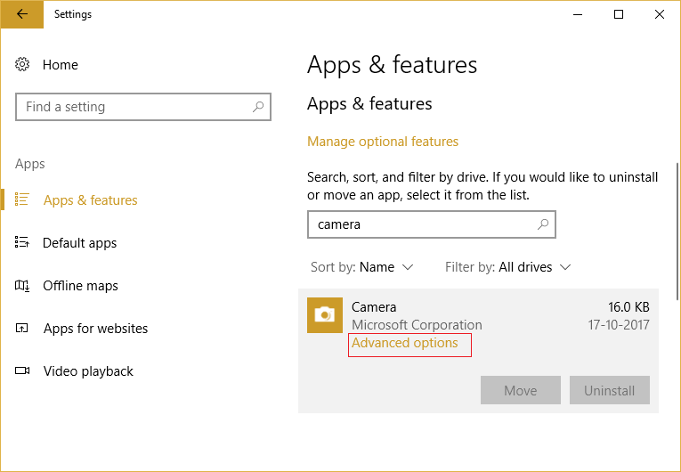 Under Camera click on Advanced options in Apps & features