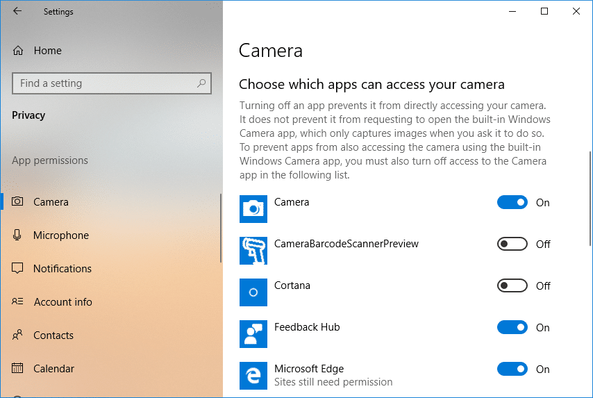 Under Choose apps that can use your camera turn off the toggle for the apps which you want to deny access to the camera