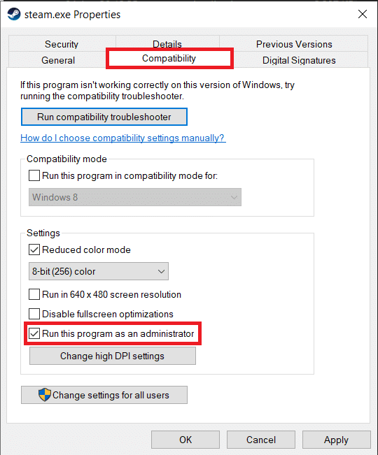 Under Compatibility, tick ‘Run this program as an administrator’