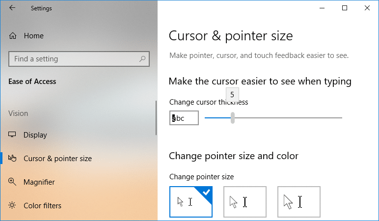 Under Cursor thickness drag the slider towards the right to increase cursor thickness