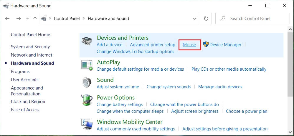 Under Devices and Printers click on Mouse
