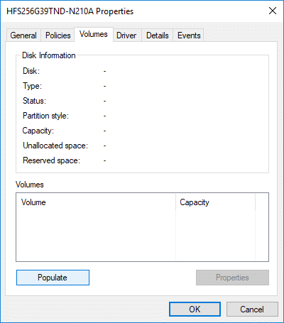 Under Disk Properties switch to Volumes tab and click on Populate button