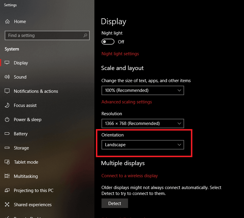 Under Display Settings window select Landscape from the Orientation drop-down