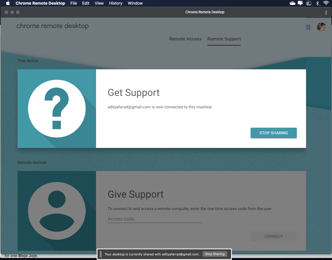 Under Get Support click on the STOP SHARING button