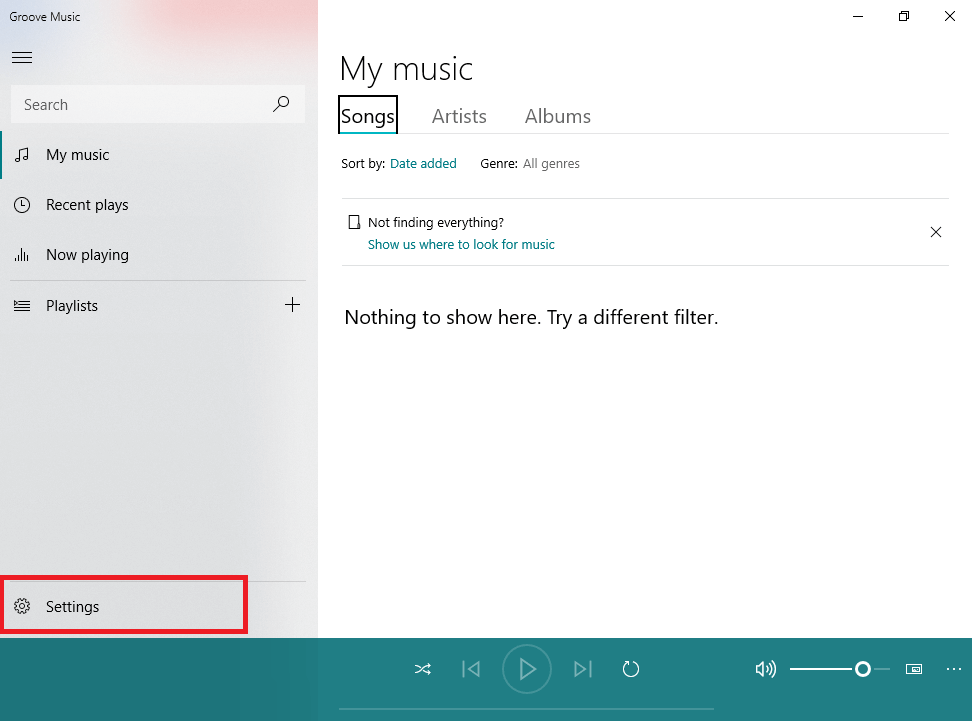 Under Groove Music click on the Settings option available at the bottom left sidebar