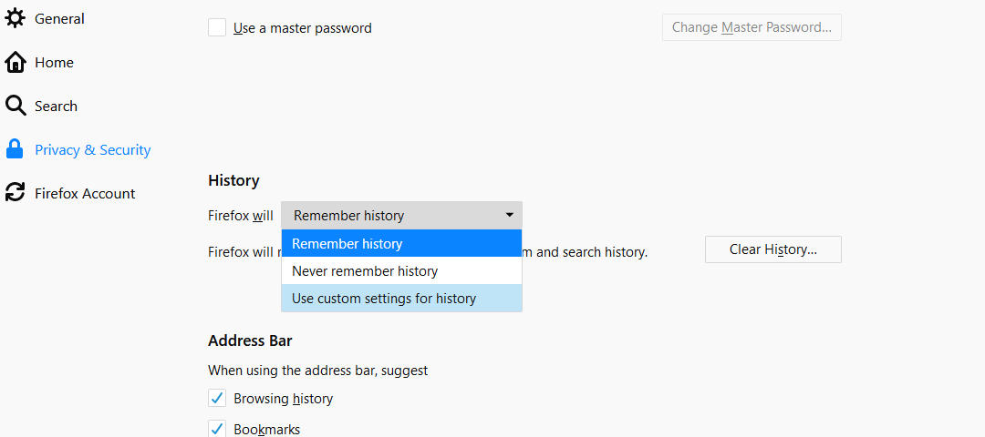 Under History, from Firefox will dropdown choose “Use custom settings for history”