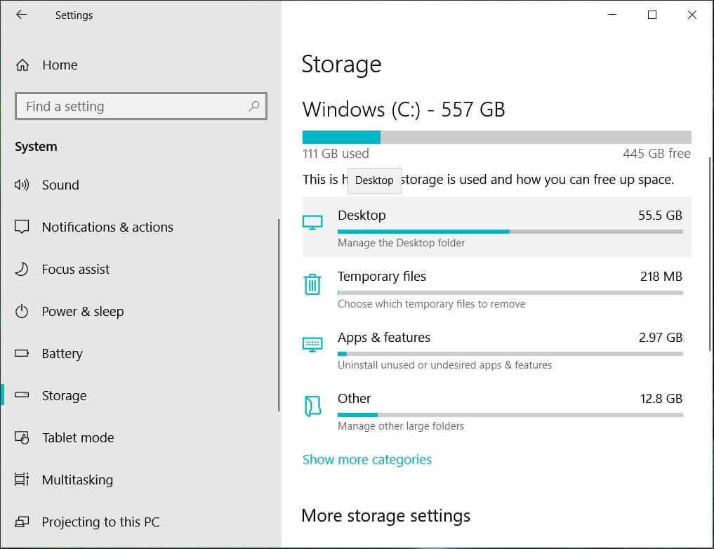 Under Local Storage and select the drive you need to check the space