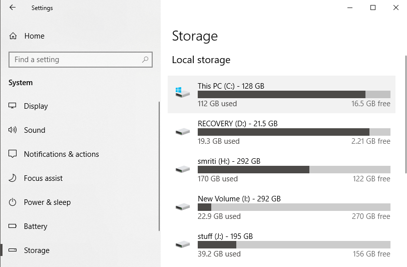 Under Local Storage, select the drive that you need to check the space for