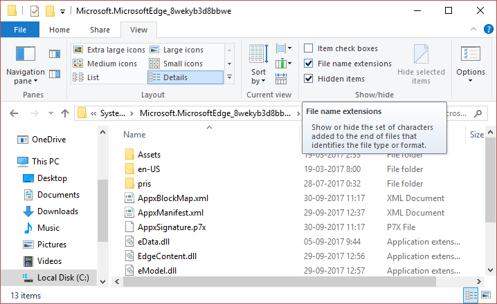 Under Microsoft Edge folder click on View and check mark File name extensions | How to Uninstall Microsoft Edge in Windows 10