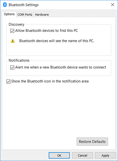 Under More Bluetooth Option checkmark Allow Bluetooth devices to find this PC