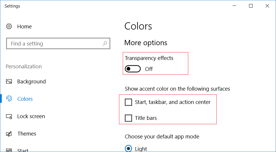 Under More options disable the toggle for Transparency effects