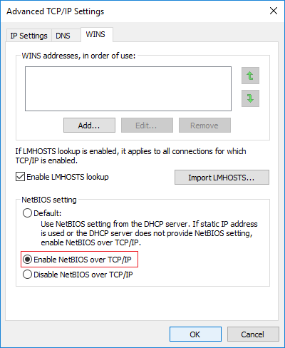 В разделе «Настройка NetBIOS» установите флажок «Включить NetBIOS через TCP/IP».