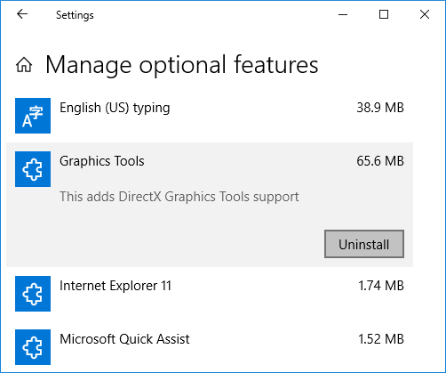 Under Optional features click on Graphics Tools then click on Uninstall button