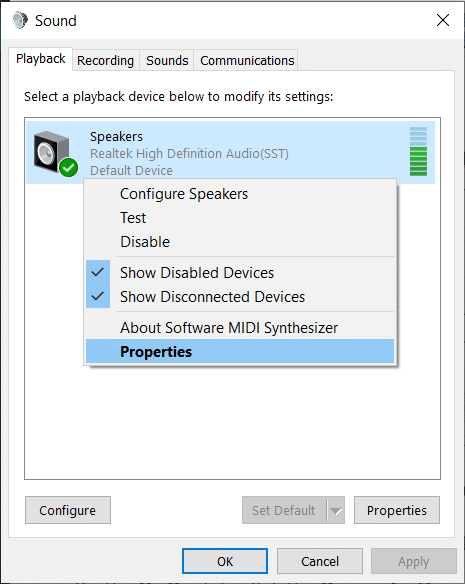 Under Playback tab right-click on Speakers and select Properties