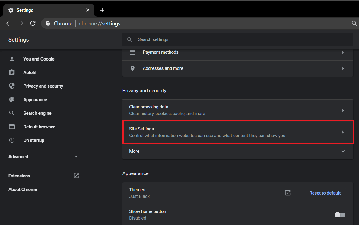 Under Privacy and security label, click on Site Settings
