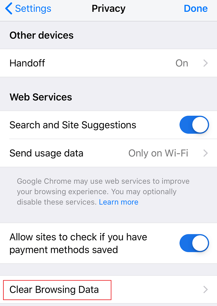 Under Privacy click on Clear Browsing Data