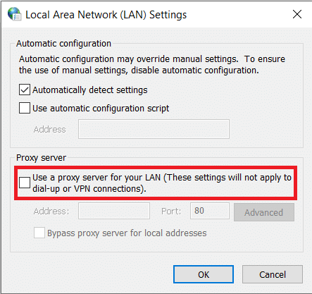 Under Proxy server, untick the box next to Use a proxy server for your LAN