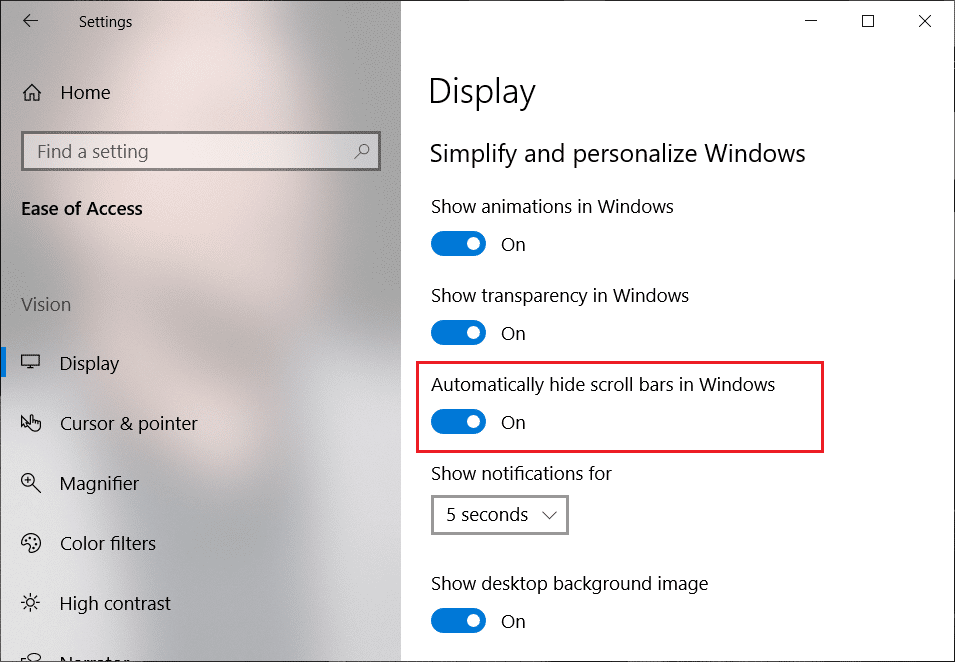 В разделе «Упростить и персонализировать» найдите параметр «Автоматически скрывать полосы прокрутки в Windows».