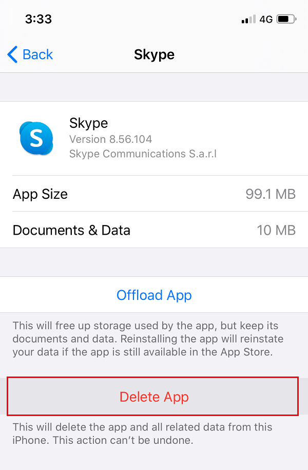 Under Skype, click on the Delete app button at the bottom