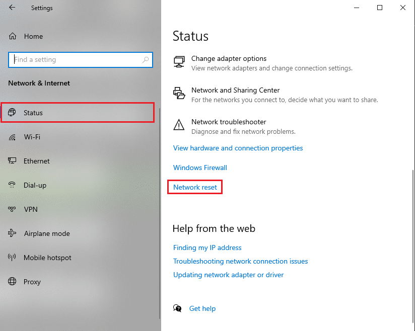 Under Status, scroll down and click on Network reset | Fix Windows could not automatically detect this Network’s Proxy settings