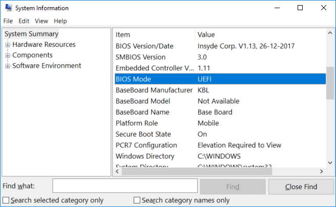 Under System Summary look for the value of BIOS Mode